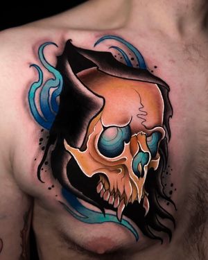 Reaper for my rad client who always lets me create whatever I want.Tattoo by Nikki Swindle #NikkiSwindle #tattoodo #tattoodoapp #tattoodoappartists #besttattoos #awesometattoos #tattoosforgirls #tattoosformen #cooltattoos #reaper #chesttattoo #neotraditional #neotradtattoo