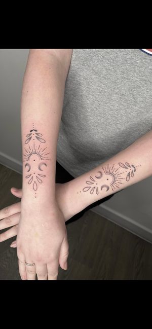 Hand-poked dotwork design by Marketa featuring intricate ornamental patterns. Unique and meticulously crafted tattoo.