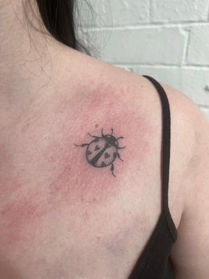 Hand-poked design by Marketa.handpoke, featuring a delicate ladybug motif in dotwork style.
