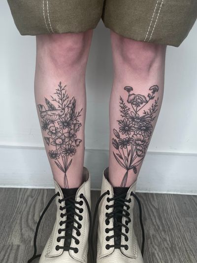 Hand-poked tattoo by Marketa.handpoke featuring a beautiful and intricate dotwork flower bouquet design.