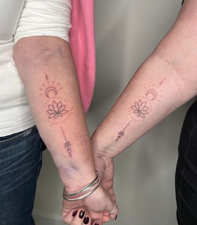Embrace the mystical energy with this delicate fine line hand-poked tattoo featuring a crescent moon and lotus flower design by Marketa.handpoke.