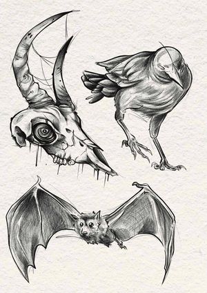 Bat and raven piece still available, skull has been tattooed but I'd be happy to draw up something similar!