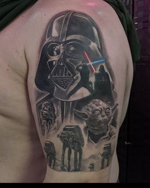 Detailed and lifelike tattoo of a Star Wars character or spaceship by Craig Hicks.