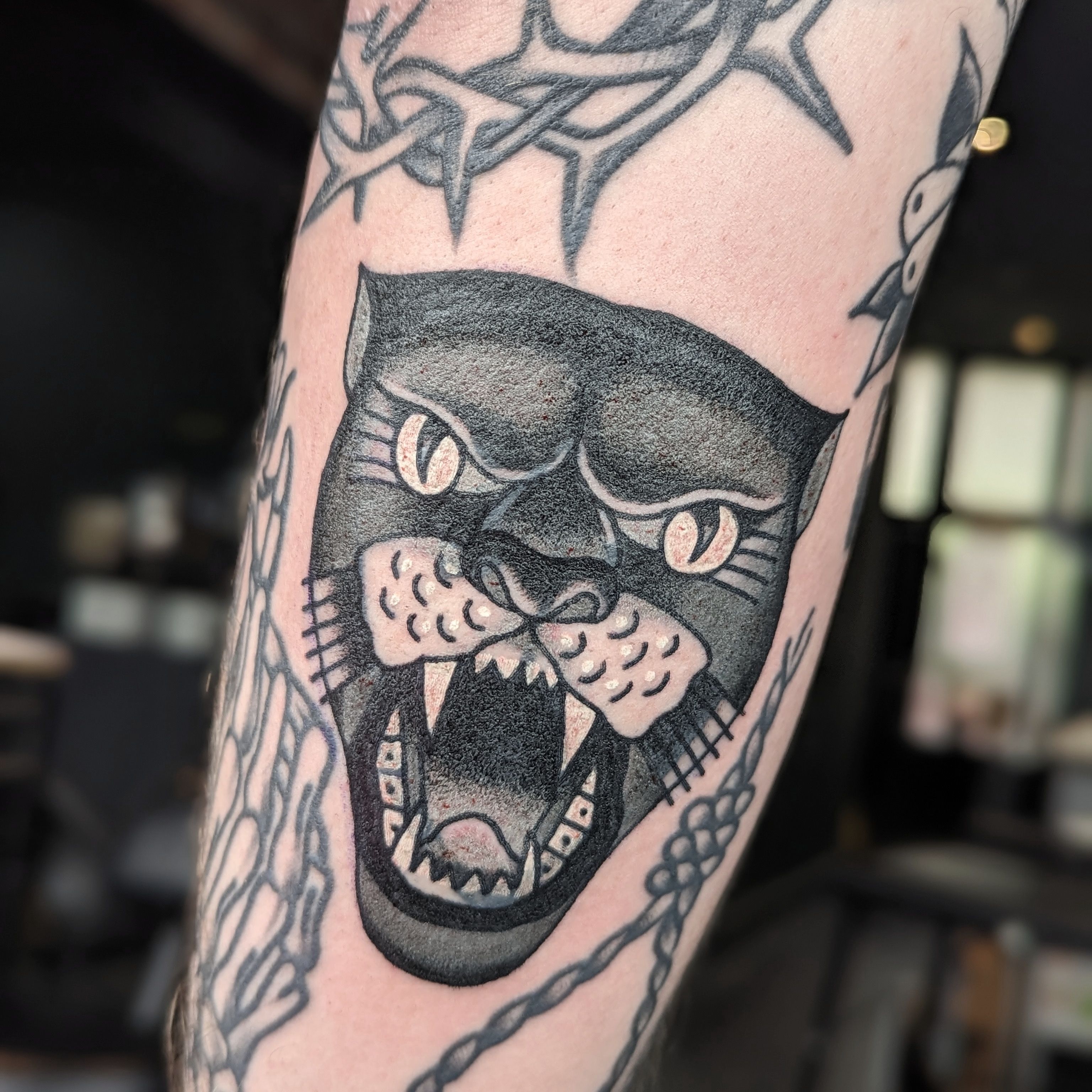 Black traditional Panther head walk-in from the other week. DM to book in.  . . . #tattoo #tattoos #traditionaltattooink #tattooflash #t... | Instagram