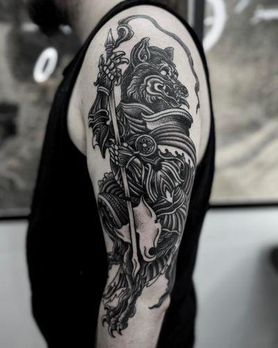 Capture the essence of medieval times with this illustrative tattoo featuring a majestic wolf and brave knight. By artist Lukey Wolf.