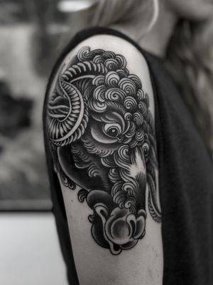 Get a unique medieval-inspired ram tattoo by Lukey Wolf, featuring detailed illustrative style.