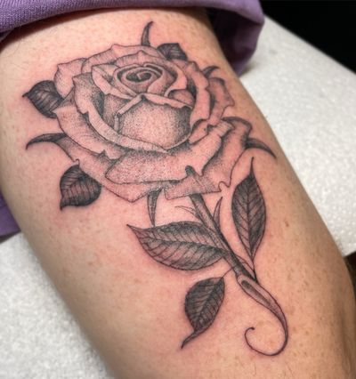 A traditional black and gray rose tattoo with a realistic illustrative style, skillfully crafted by Letitia Mortimer.