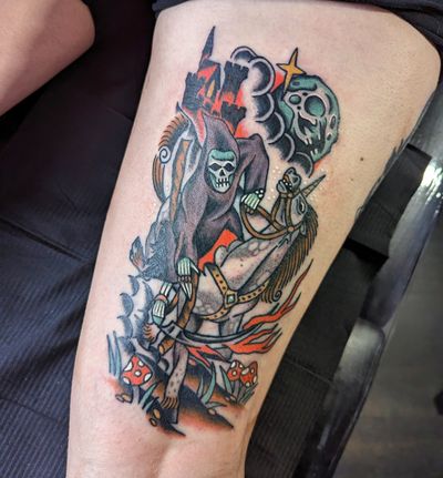 Traditional tattoo by Benji Charnock featuring a fierce horse, death knight, and ominous castle design.