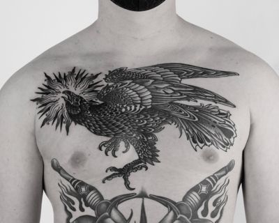 Get inked with a stunning illustrative eagle design inspired by medieval art, crafted by the talented artist Lukey Wolf.