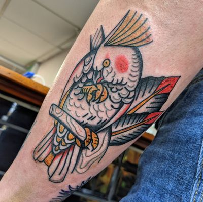 Fly high with this stunning traditional cockatoo tattoo by renowned artist Benji Charnock. Perfect for bird lovers!