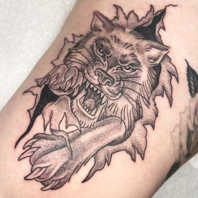 Captivating black and gray wolf tattoo by Letitia Mortimer, blending traditional and illustrative styles.