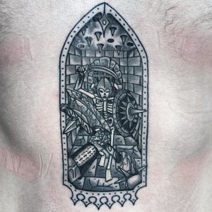 Experience the fantastical with an illustrative tattoo of a brave knight at a mystical window. Designed by Benji Charnock.