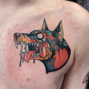 Get the ultimate fusion of cute and creepy with this illustrative tattoo by Benji Charnock featuring a zombie dog motif.