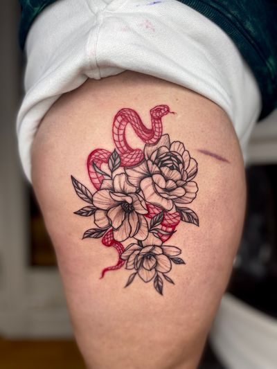 Red Snake and black flowers