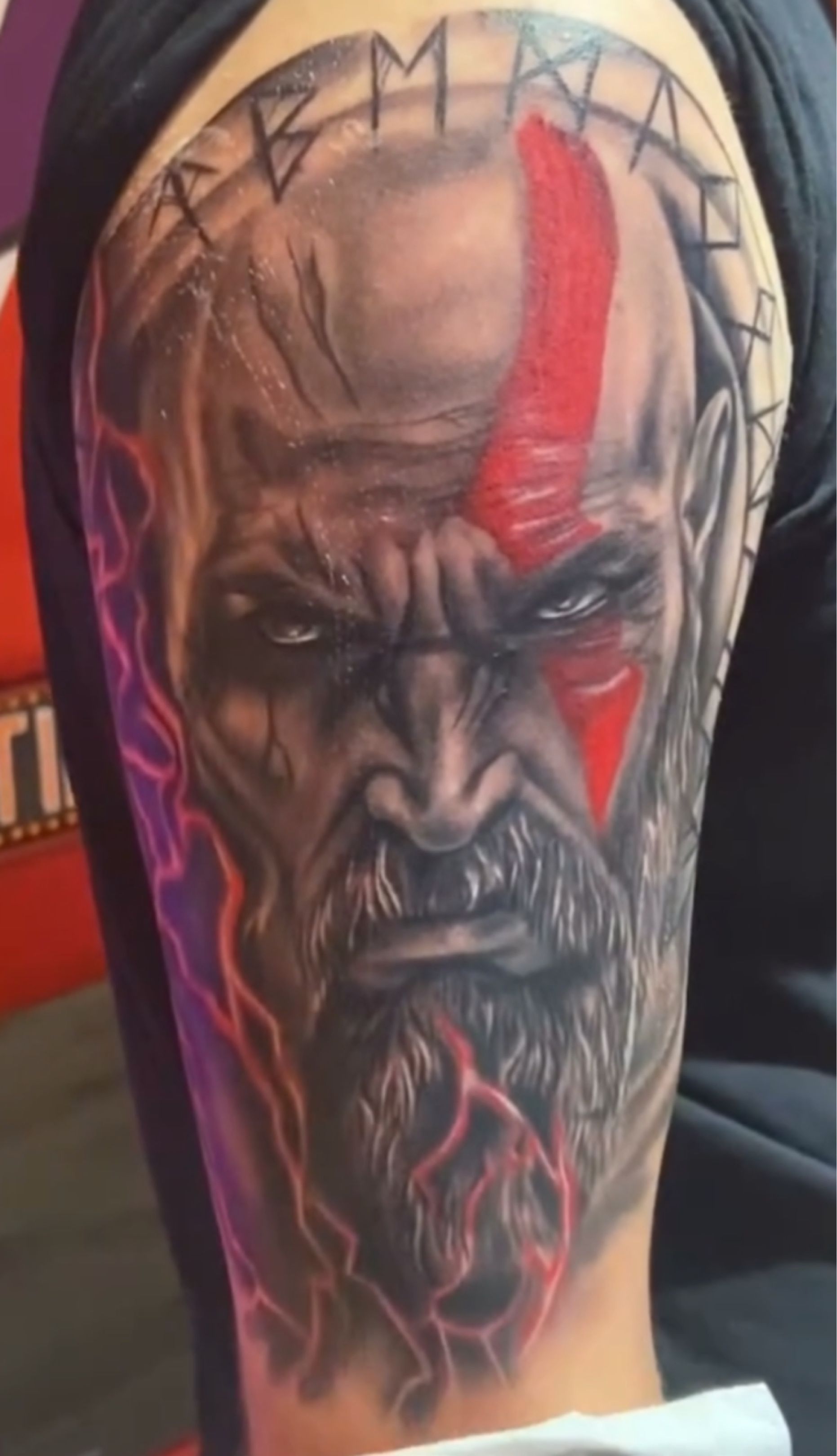oblong-whale542: tattoo style, clouse of face and nouse, fine lines and  shading kratos from the game god of war