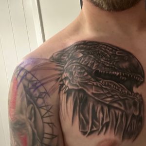 Next part of the God of war style sleeve ended up on my chest!! Another sitting to go to finish off Jormundandr the world serpent! 