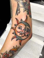Get a stunning traditional tattoo of sun and moon by Clara Colibri, blending mystical elements in perfect harmony.