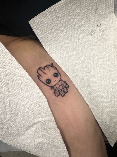 Adorable kawaii style tattoo of Baby Groot by Miss Vampira. Bring some cuteness to your ink collection!