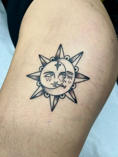 Embrace the balance of light and dark with this illustrative traditional tattoo featuring a sun and moon design by Clara Colibri.