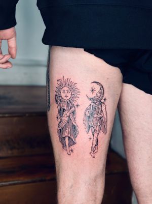 Embrace the mystical with this illustrative tattoo featuring a sun, moon, press, and print in a medieval etching style by the talented artist Tal.