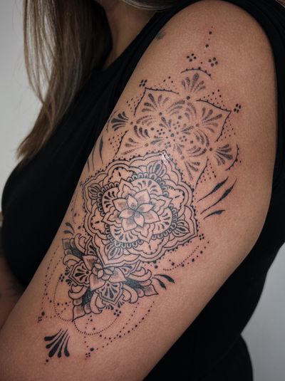 Henna inspired mandala tattoo by Tahsena Alam.