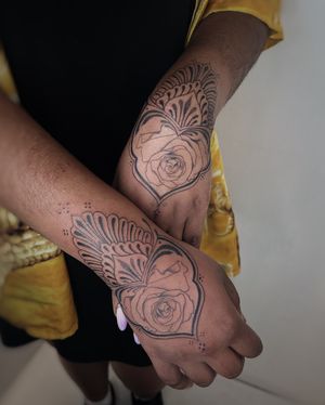 Henna/Mehndi inspired hand tattoos with Rose by Tahsena Alam.