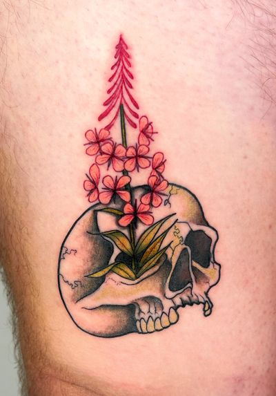 A unique fusion of delicate flowers and edgy skull, expertly designed by the talented artist Ben Prescott.