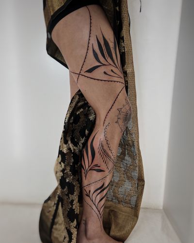 Leg sleeve, ornamental black work: this project was made freehand. By Tahsena Alam.