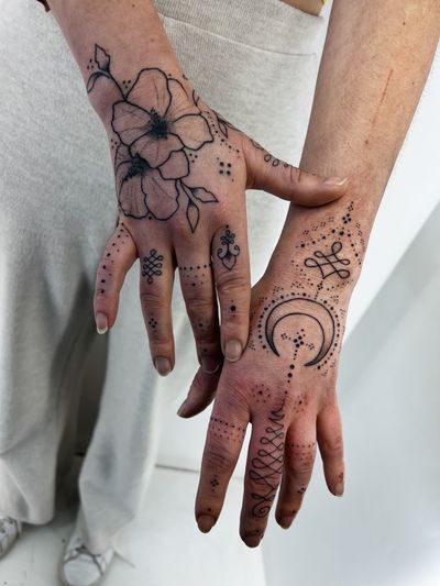 Floral and ornamental hands: these were handpoked. I still handpoke on REQUEST however I prefer to use machine =] by Tahsena Alam.