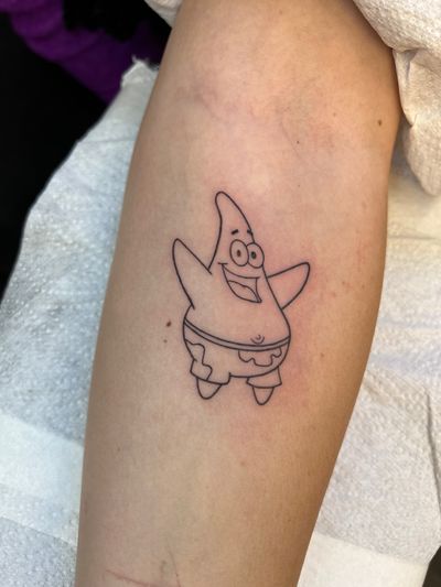 Get a quirky and unique tattoo of Patrick Star from SpongeBob SquarePants, expertly done in fine line style by artist Ben Prescott.