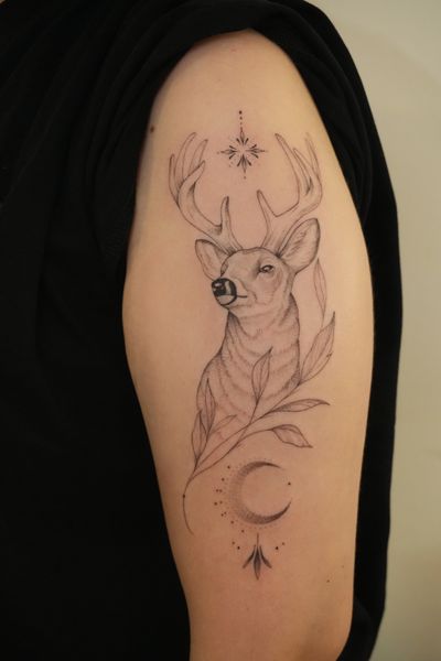 An illustrative tattoo of a deer by artist Lucas Scardua with delicate fine line work.