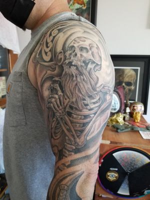 Fine Line Black and Grey Celtic Skull Ghost worrier Tattoo San Francisco by Nathan Emery Tattoo SF