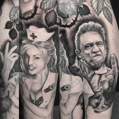Get a stunning black and gray realism tattoo featuring iconic images of rock legends Blink 182 and Johnny Cash by tattoo artist Pete Bienge.