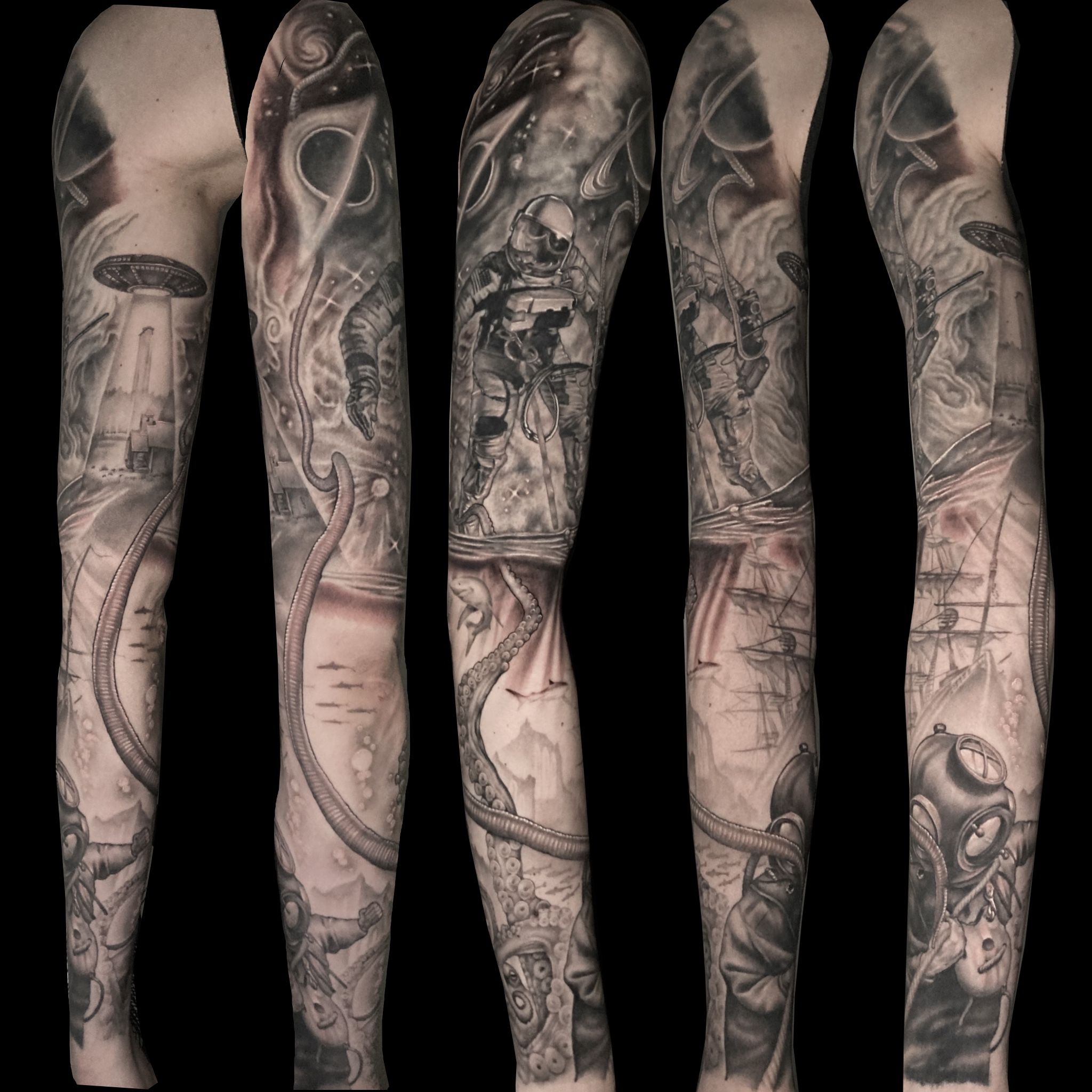 Create a unique sleeve tattoo design that reflects my diverse interests and  experiences. Incorporate elements of