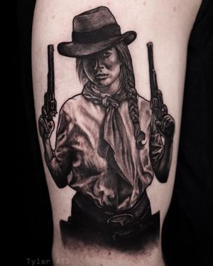 Cowgirl micro portrait tattoo. Realistic black and grey