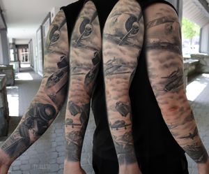 Full sleeve healed of vintage aeroplanes and cameras. Black and grey realistic