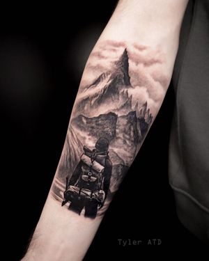 Adventure into the mountains. Black and grey realism tattoo.