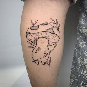Adorable and intricate dotwork design featuring a cute mushroom, created by talented artist Chloe Hartland