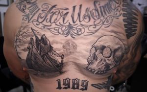 Charon the ferry man. Chest tattoo in black and grey