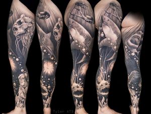 Sea legs. Underwater theme leg sleeve tattoo. Realistic black and grey. Angler fish, sharks, statue, nautilus, scuba diver. Tattoo