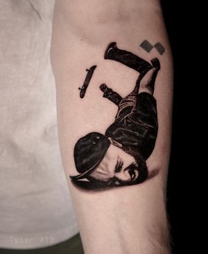 Faceplant! Skateboarder tattoo micro realistic black and grey