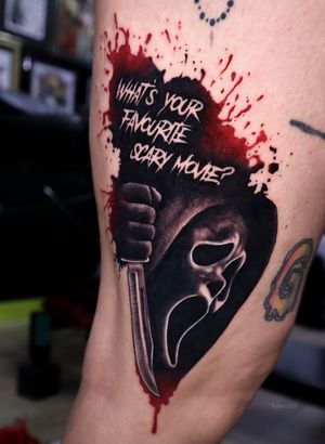 Scream ghost face tattoo. Realism black and grey with red.