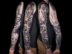 Full sleeve of villains from childhood characters. Black and grey realistic tattoo.