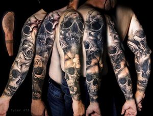 Full sleeve cover up. Skulls and roses in black and grey realistic tattoo style. 