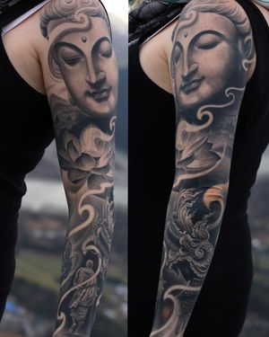 Thailand inspired Buddha, naga, monk full sleeve tattoo. Black and grey realistic