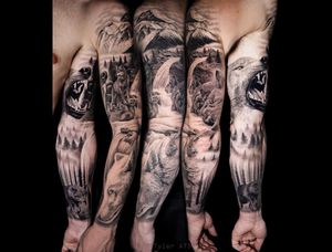 4 wolves full sleeve. Black and grey realism tattoo. 
