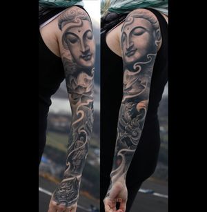Thai inspired full sleeve. Black and grey realism tattoo. Healed. 