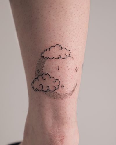 Ethereal clouds and crescent moon in intricate dotwork and fine line style by Chloe Hartland.