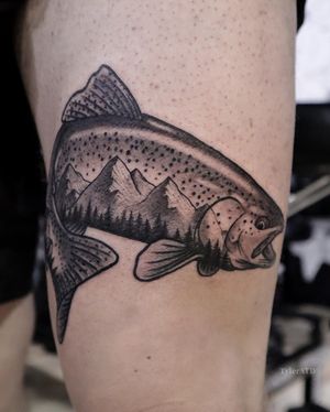 Rainbow trout with mountains tattoo. Black and grey