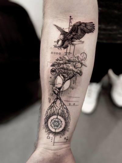 Check out this stunning black & gray micro realism tattoo of an eagle perched on a tree, done by Saka Tattoo.